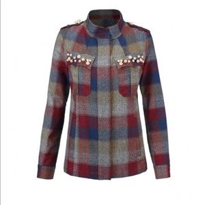CAbi plaid jacket with pearls